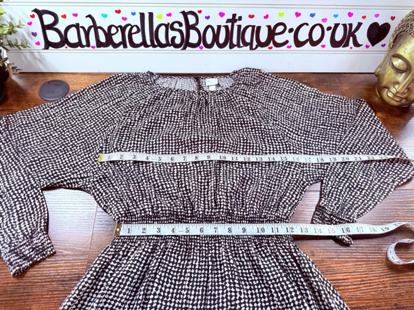 H&M Black White Midi Dress UK 8 - 10 S Boho Smock Long Sleeve