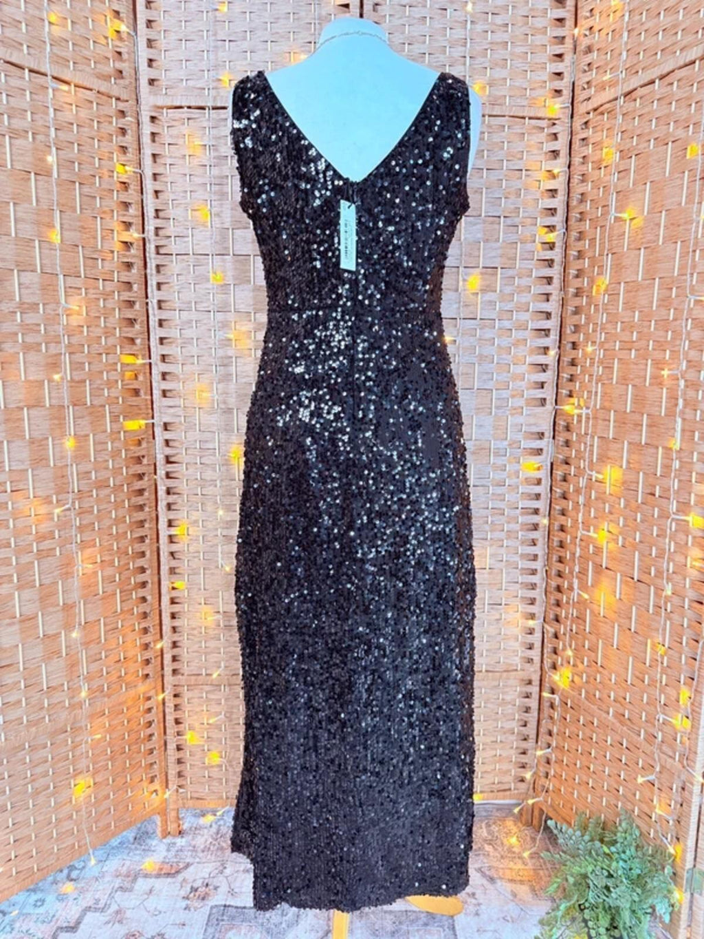 Wallis Black Sequin Midi Dress UK10 US6 Ruched Evening Party