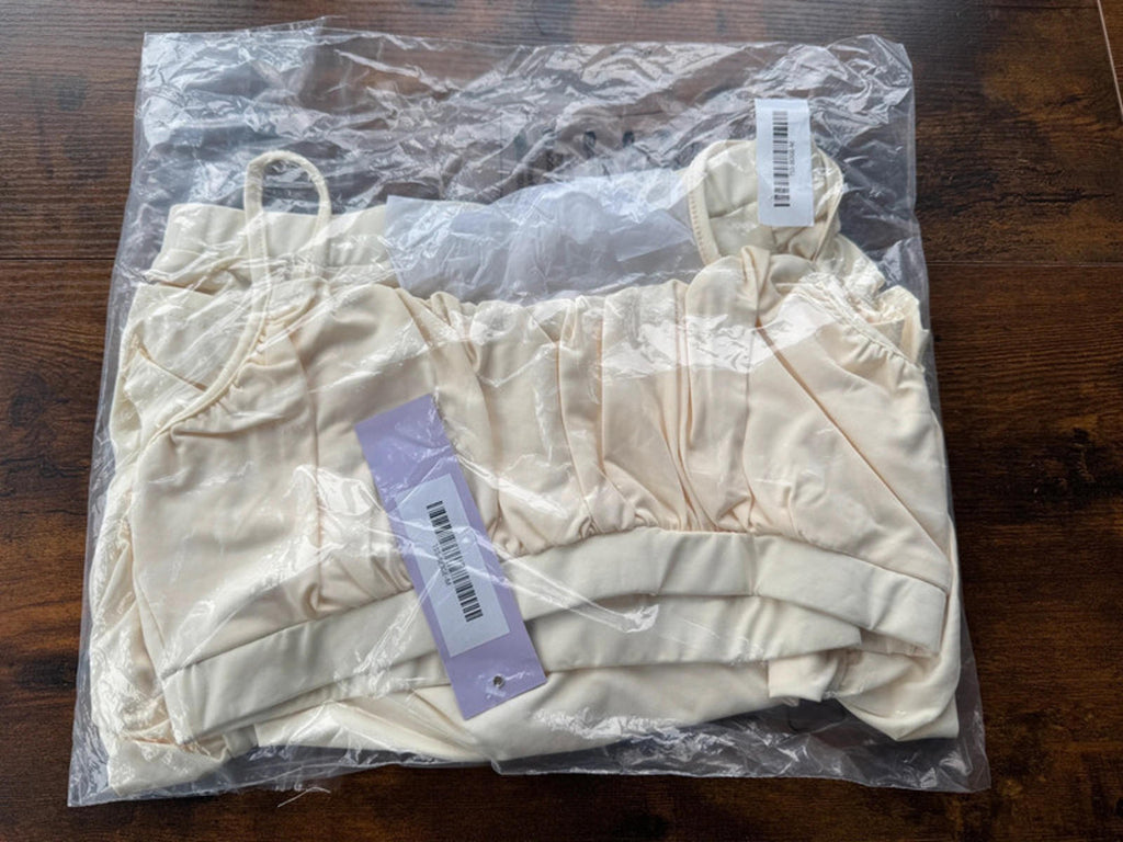COSMOCHIC Beige Sports Bra & Ruched Shorts Set | Size M (UK 10–12)