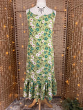 Green Floral Summer Midi Dress UK 14 Shirred Back Holiday Beach