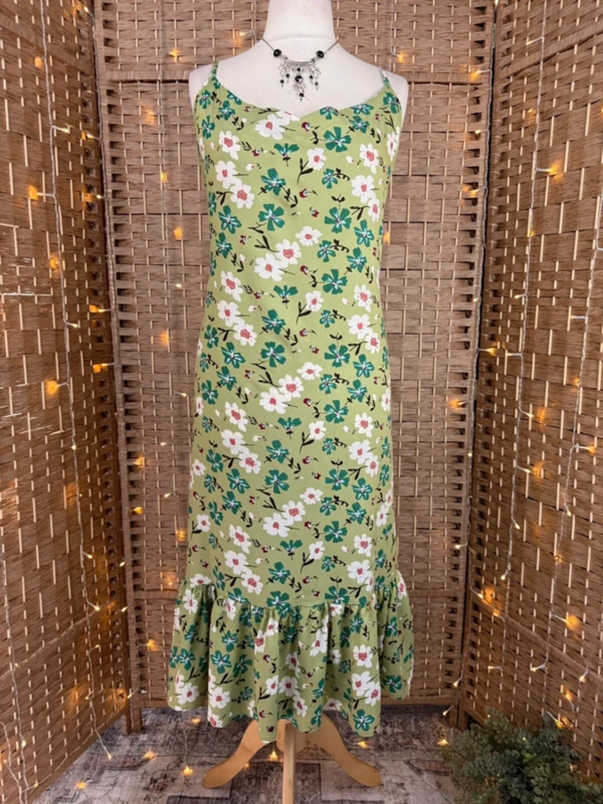 Green Floral Summer Midi Dress UK 14 Shirred Back Holiday Beach