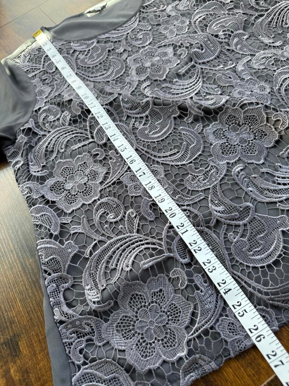 Gray Short Sleeve Women's Top with Floral Lace Front - Size 18