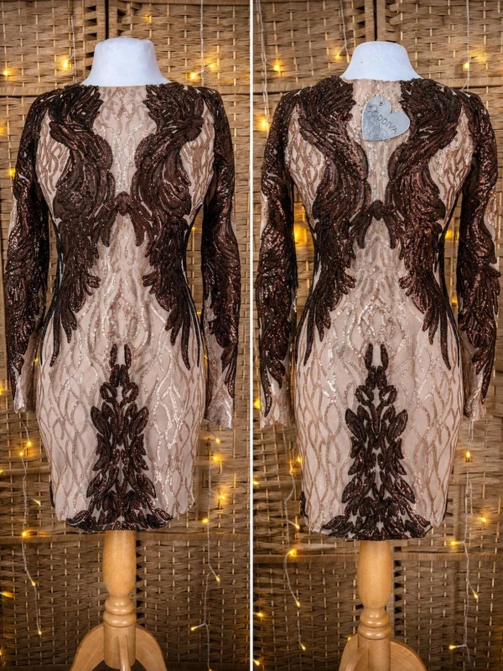 Goddiva Sequin Midi Dress UK 8 Champagne Chocolate Evening Party