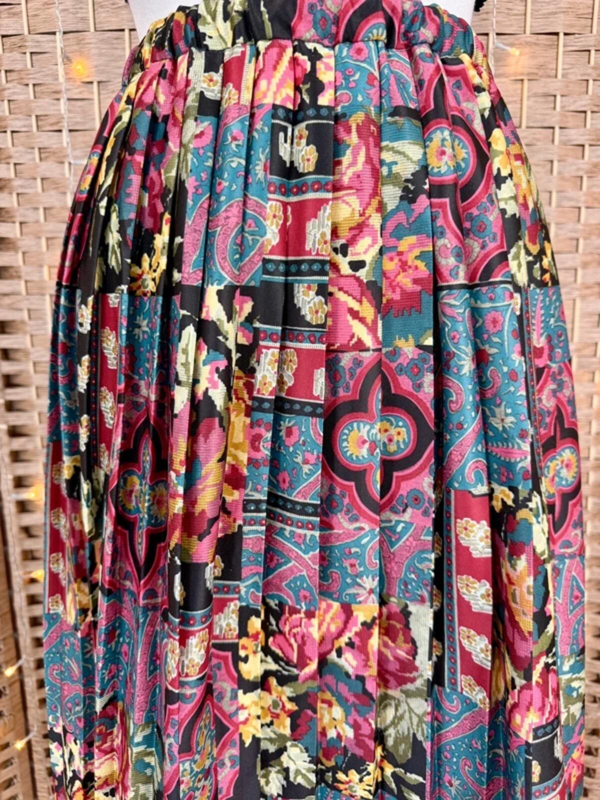 Vintage Pleated Midi Skirt UK 10–12 Y2K Floral Boho Festival