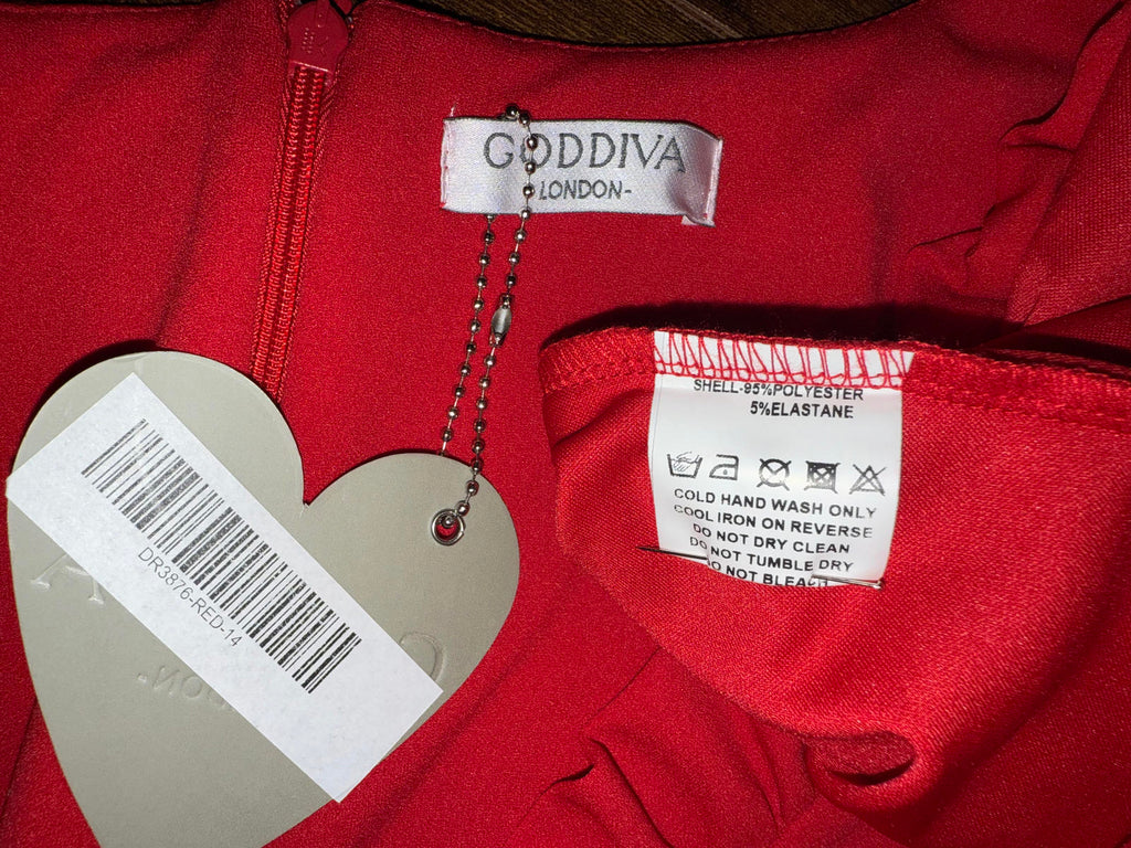 Goddiva Red Ruffle V-Neck A-Line Midi Dress Size 14 DR3876 BNWT #218