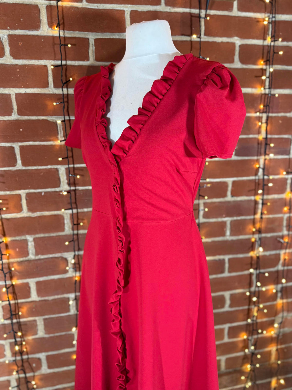 Goddiva Red Ruffle V-Neck A-Line Midi Dress Size 14 DR3876 BNWT             .217