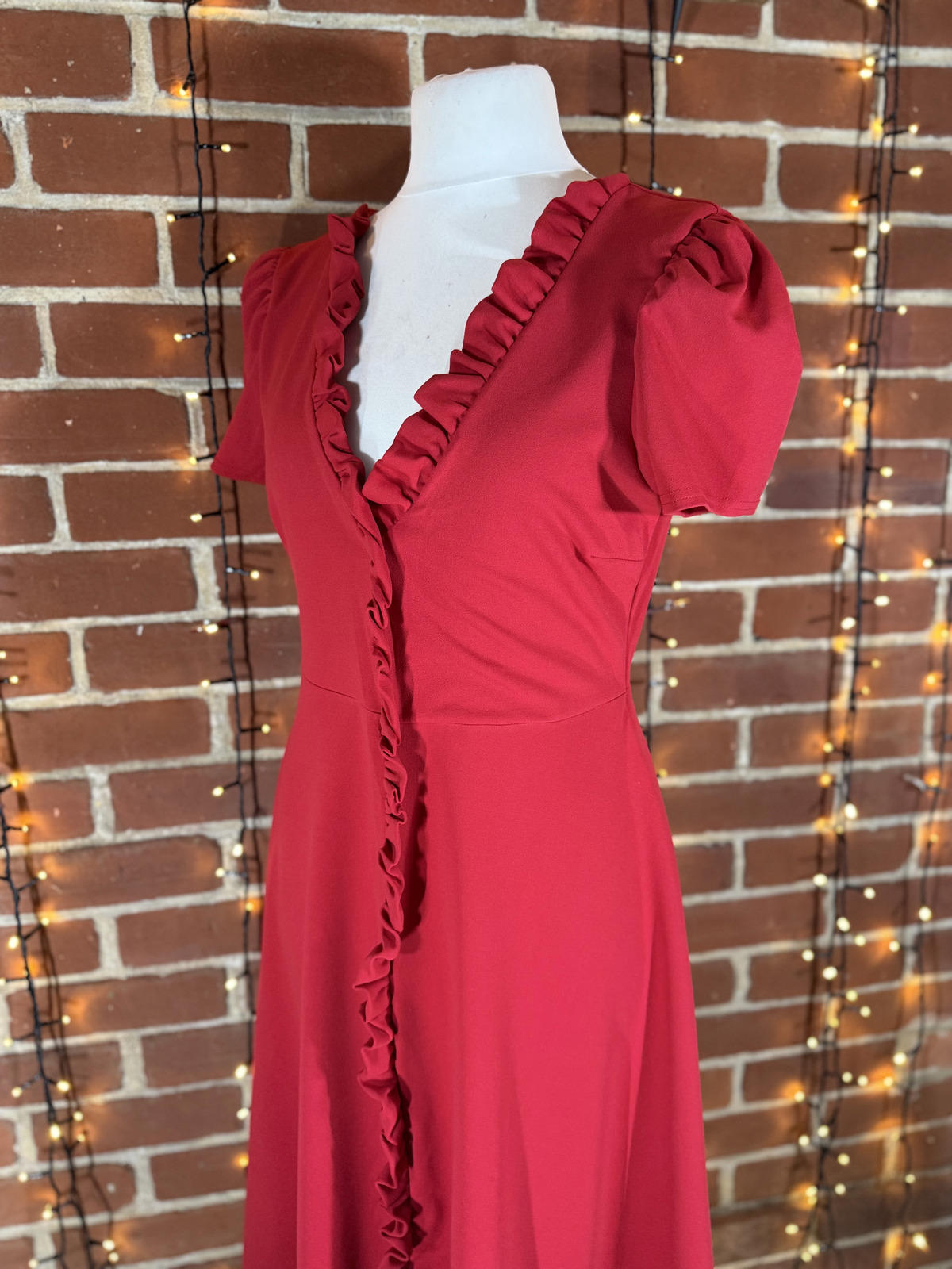 Goddiva Red Ruffle V-Neck A-Line Midi Dress Size 14 DR3876 BNWT             .217