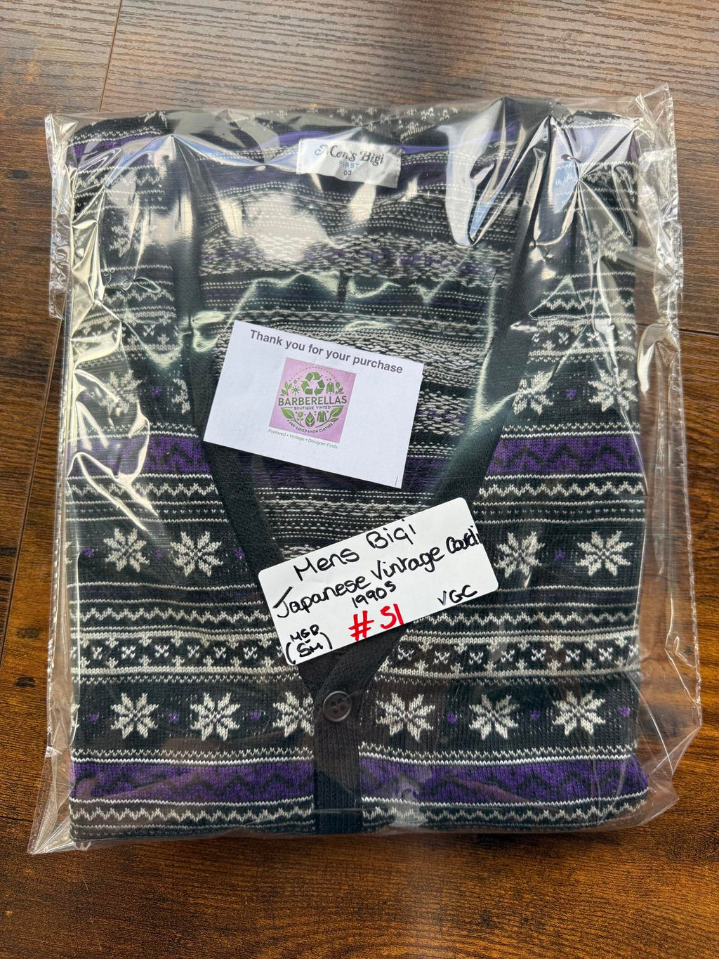 Men’s Bigi FIRST Fair Isle Snowflake Cardigan Black Purple – Small / Medium #51 NUM 10