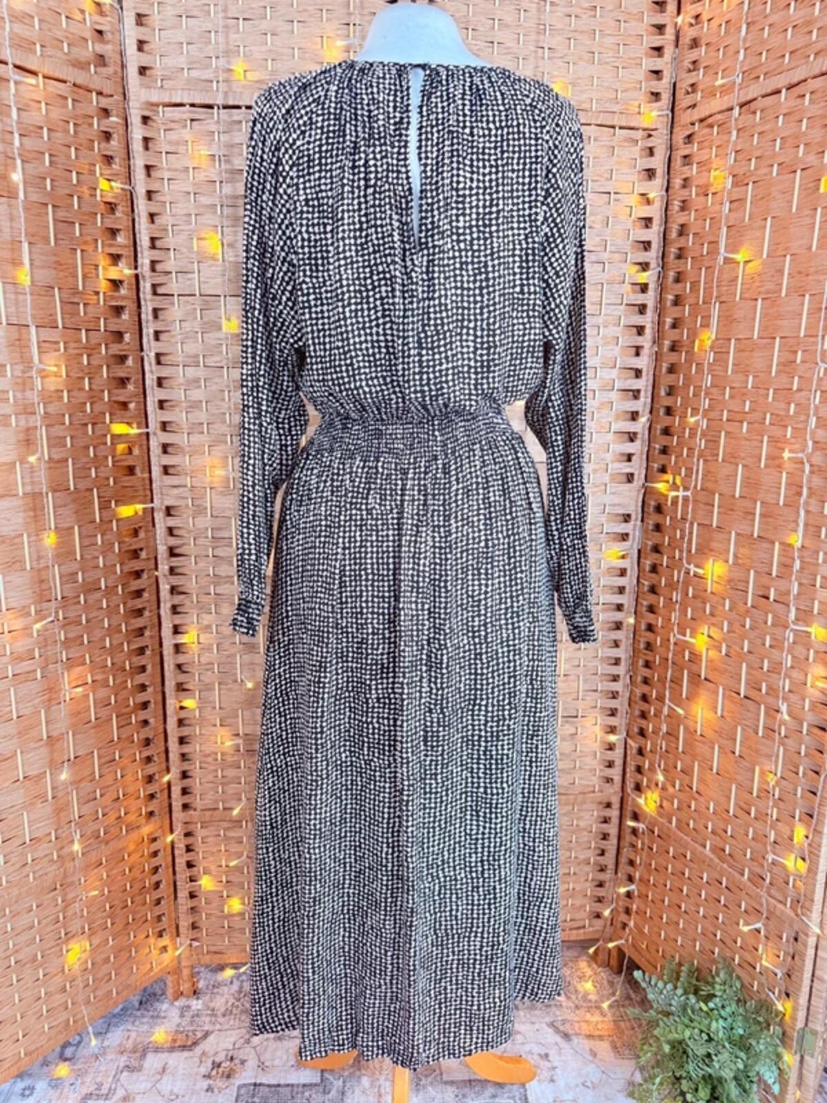 H&M Black White Midi Dress UK 8 - 10 S Boho Smock Long Sleeve