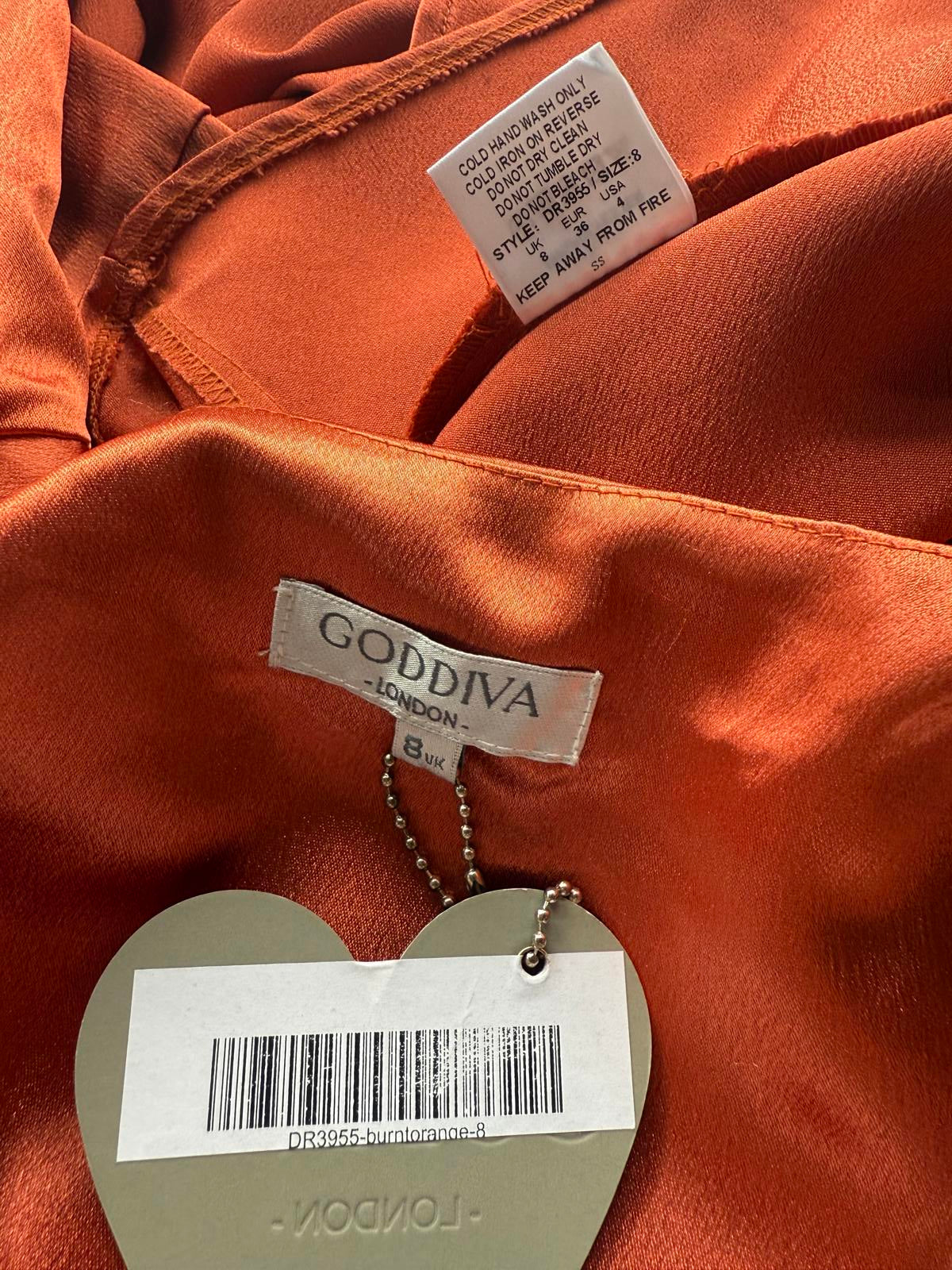 Goddiva DR3955 Burnt Orange Satin Wrap Maxi Dress UK 8 BNWT Occasion #134