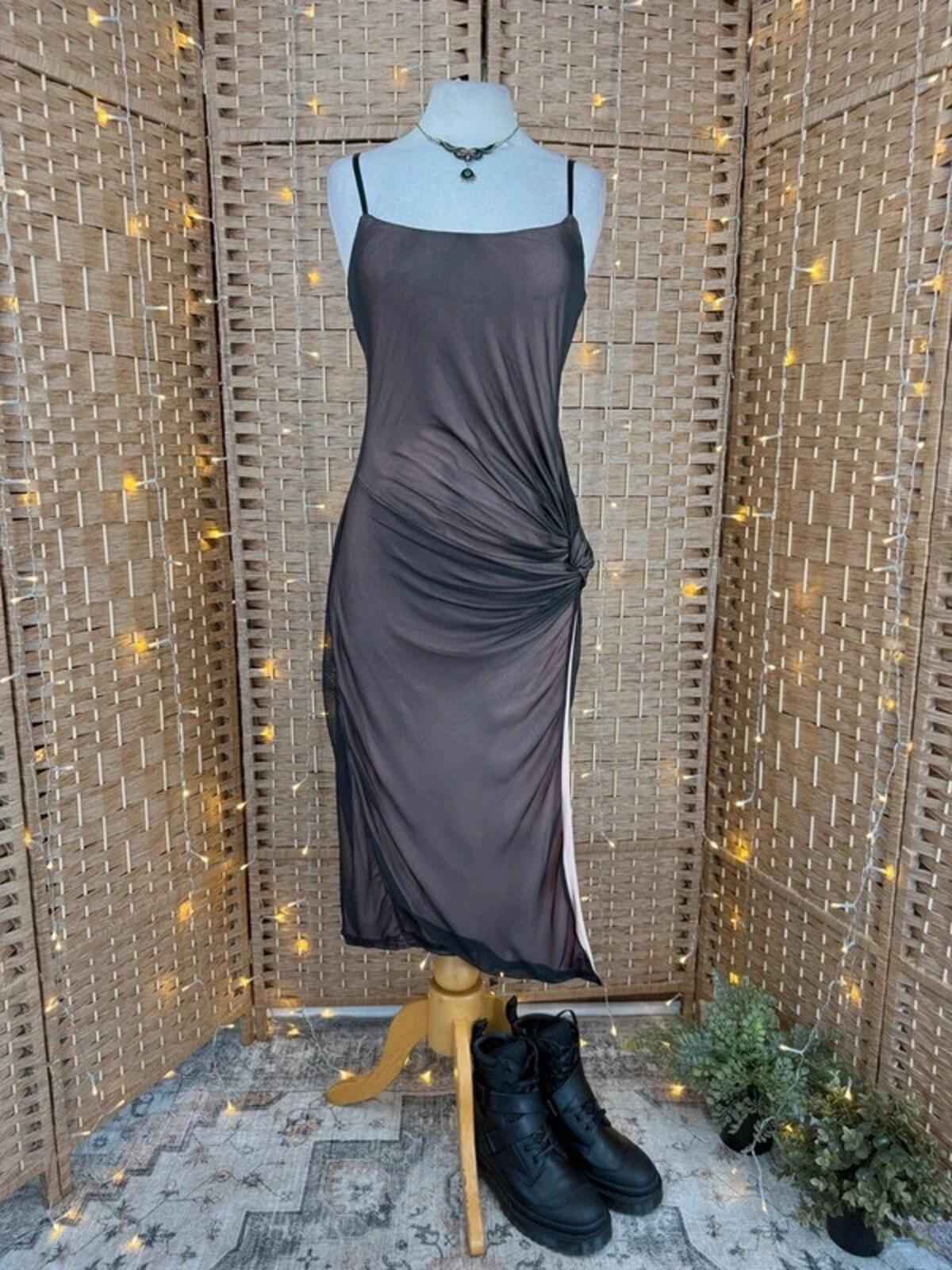 Chic Black Ruched Midi Dress with Side Slit size 10