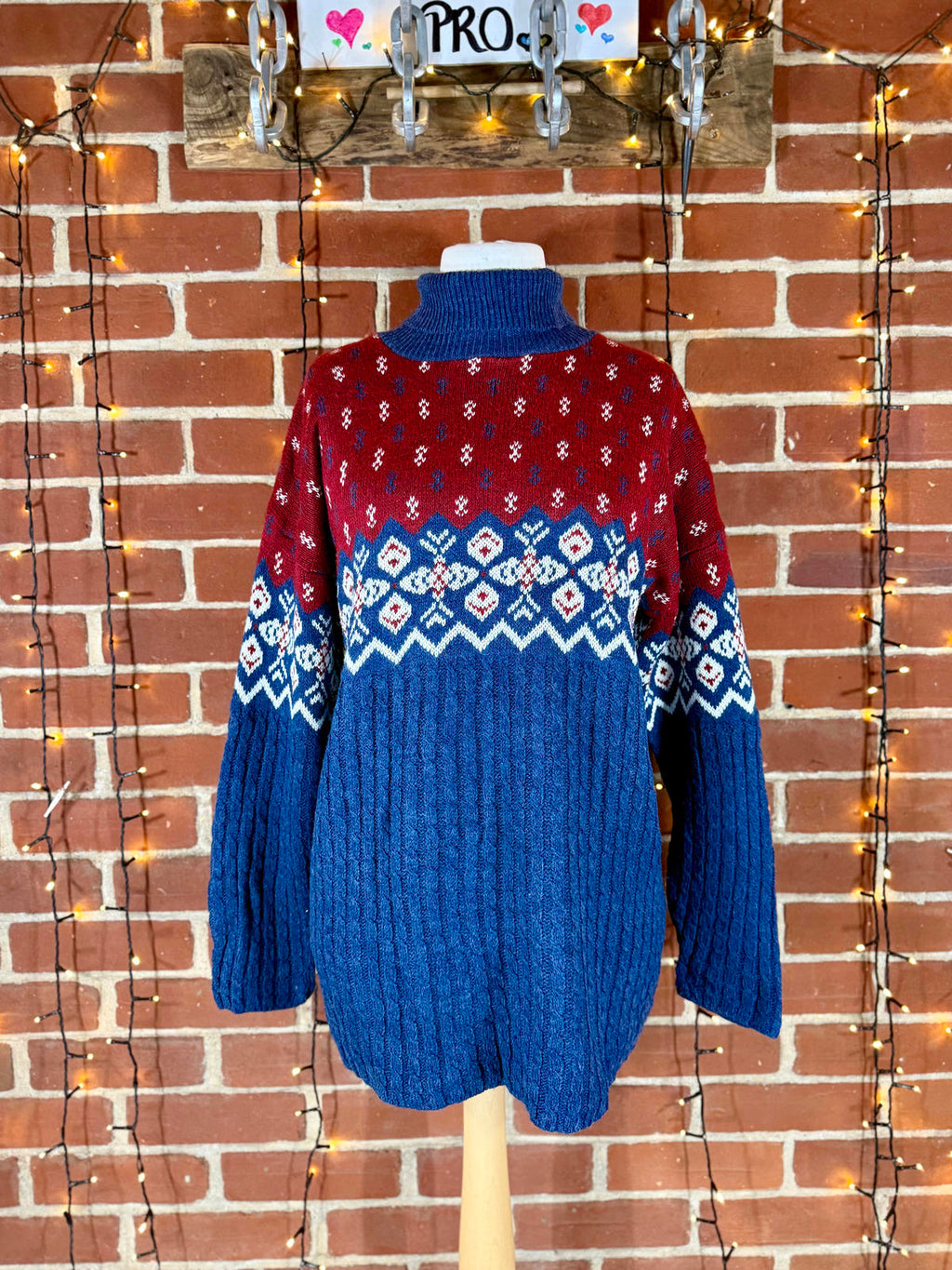 Vintage 80s/90s Basic Editions USA Fair Isle Knit Sweater Red Navy L NUM56