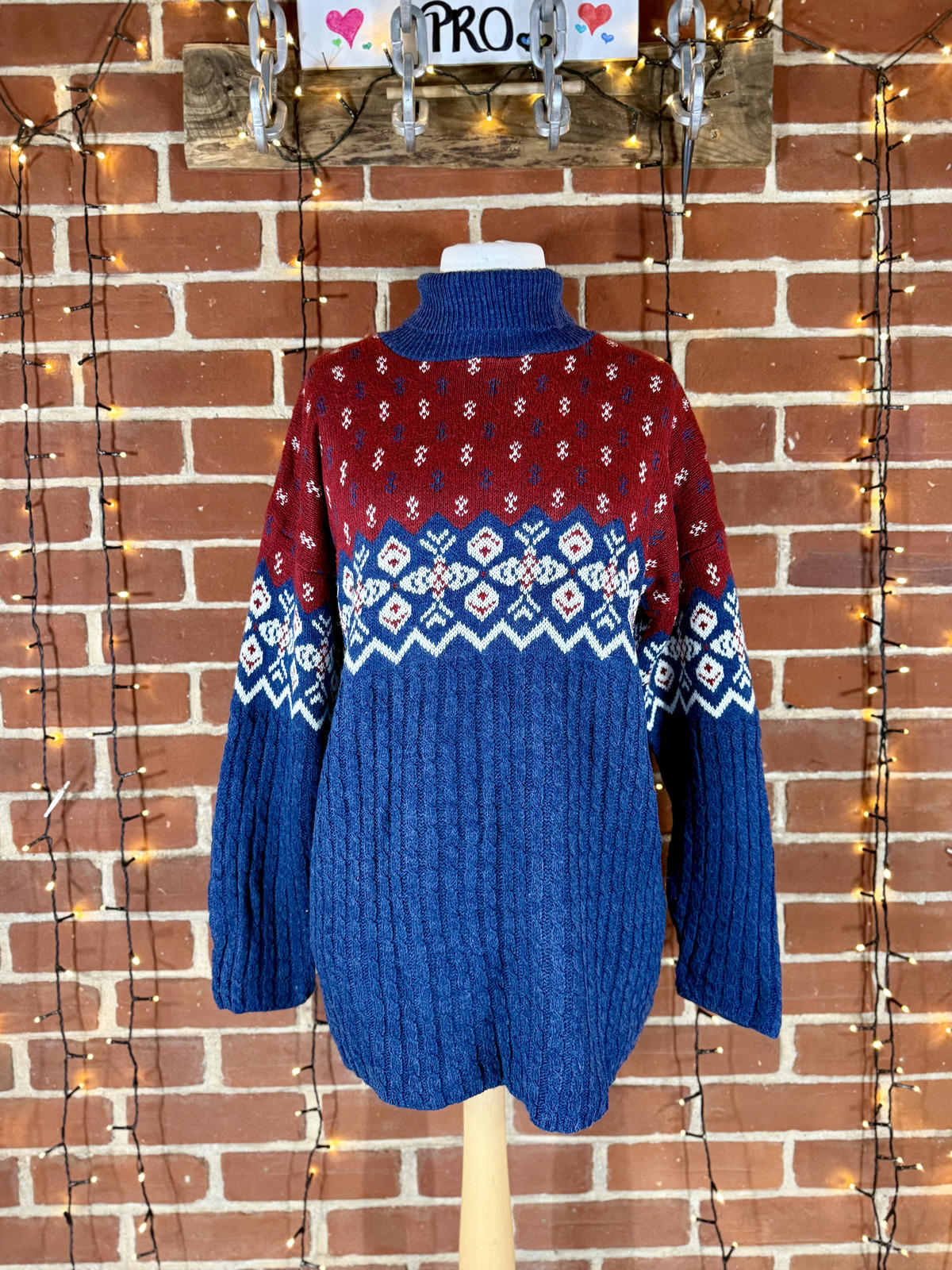 Vintage 80s/90s Basic Editions USA Fair Isle Knit Sweater Red Navy L NUM56