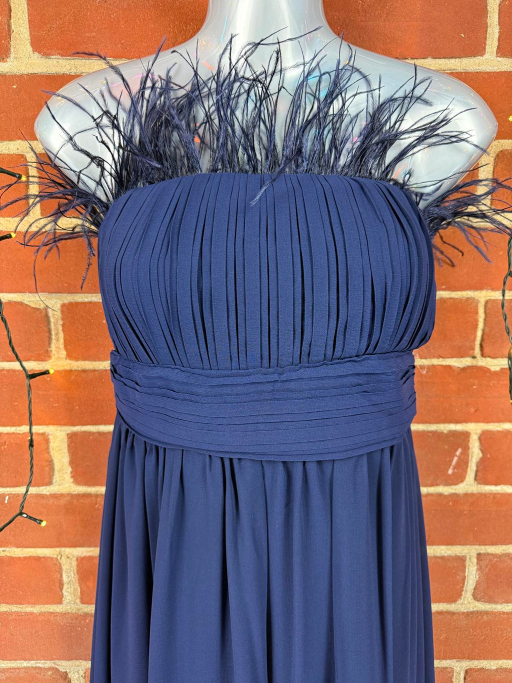 Goddiva Navy Feather Trim Strapless Maxi Gown UK 8 / US 4                    308