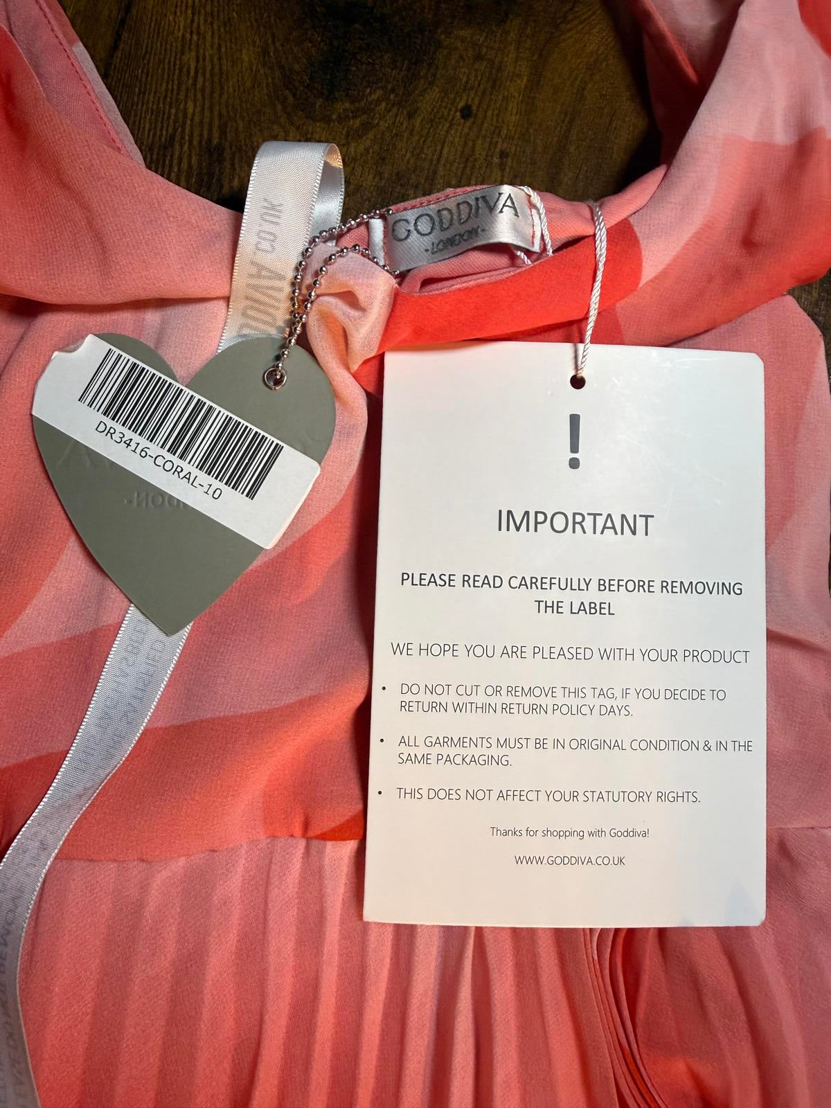 Goddiva Coral Pleated Maxi Dress UK 10–12 / US 6–8 Floaty Chiffon           .321