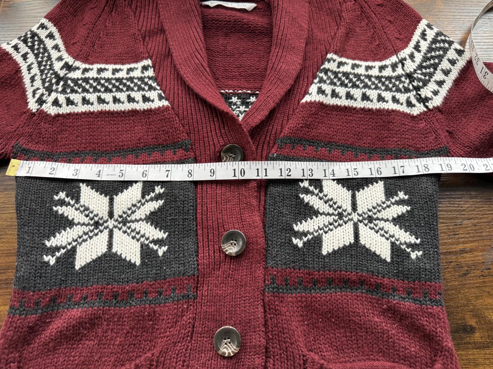 Bluenotes Fair Isle Knit Cardigan Sweater Burgundy Black White Snowflake L #67 NUM6