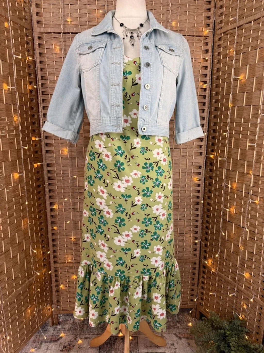Green Floral Summer Midi Dress UK 14 Shirred Back Holiday Beach