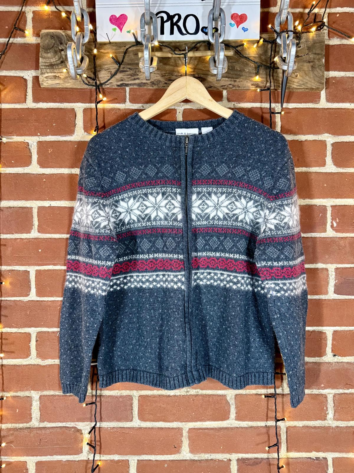 ❄️ Y2K Croft & Barrow Fair Isle Zip Cardigan – Charcoal Grey – UK 14–16 (L)