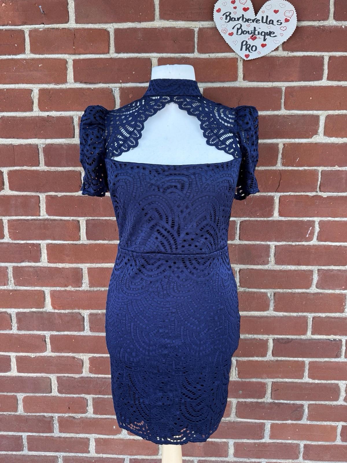 City Goddess London Navy Lace Bodycon Dress Cut Out Back UK Size 14