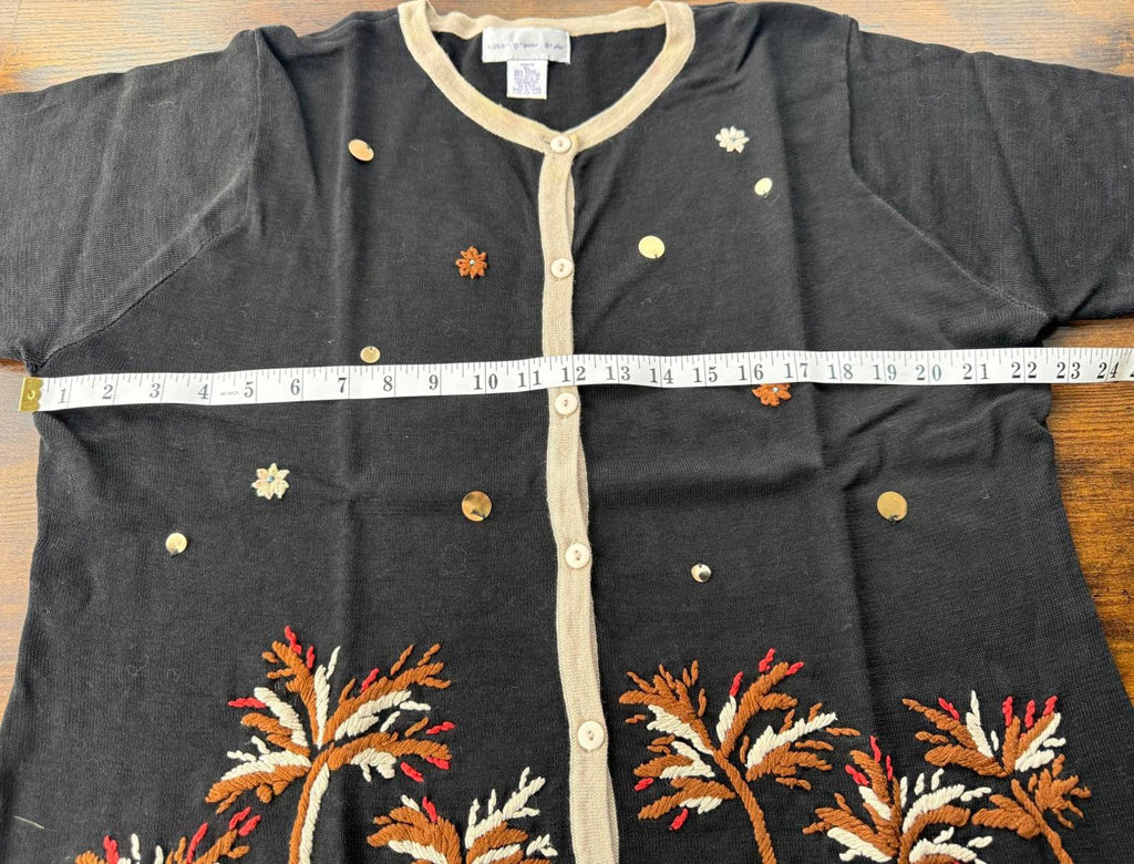 Vintage Y2K Susan Graver XL Cardigan Top Black Palm Tree UK16-18              NUM43
