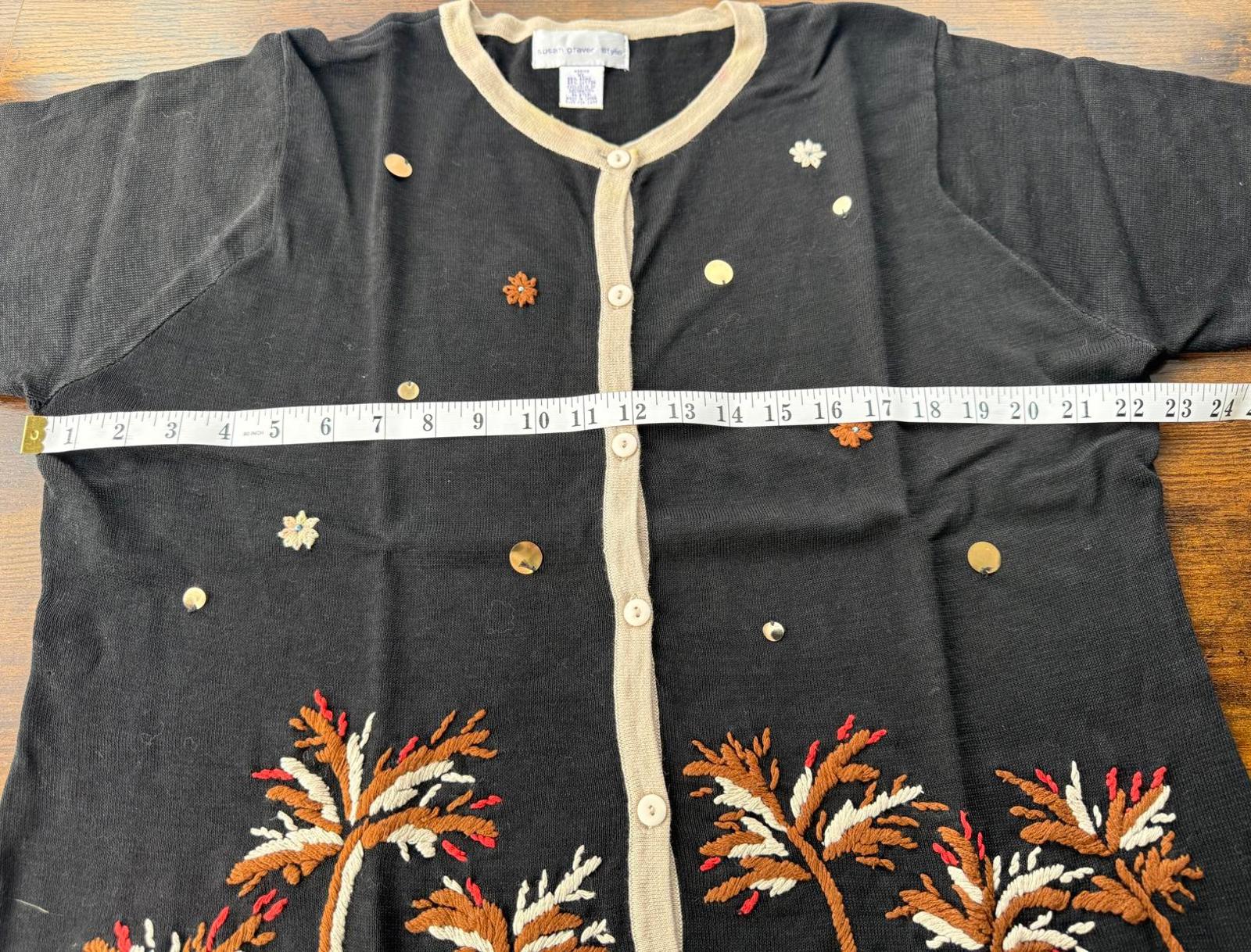 Vintage Y2K Susan Graver XL Cardigan Top Black Palm Tree UK16-18              NUM43