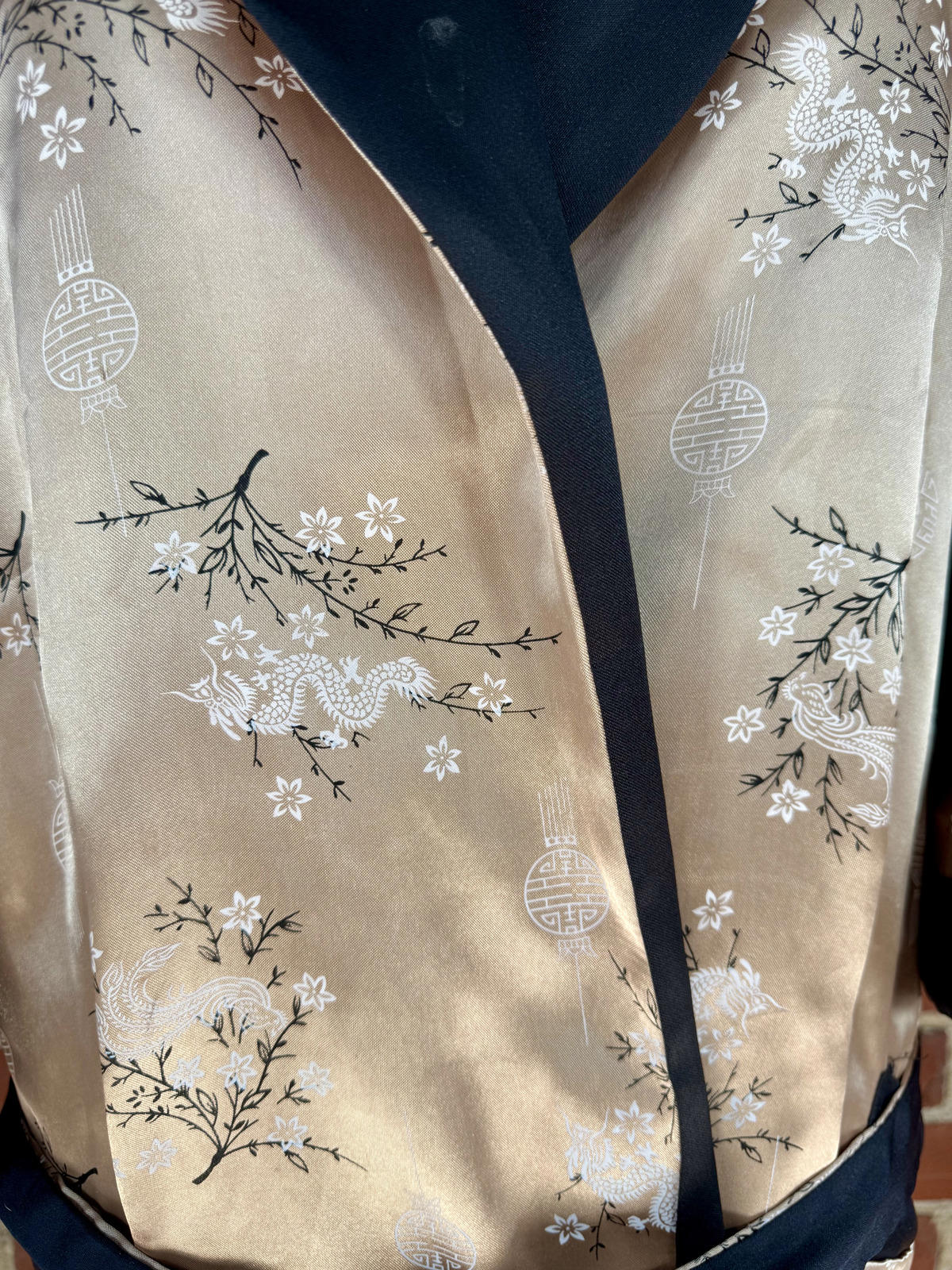 Reversible Satin Kimono Robe with Floral and Dragon Embroidery - Size XXL