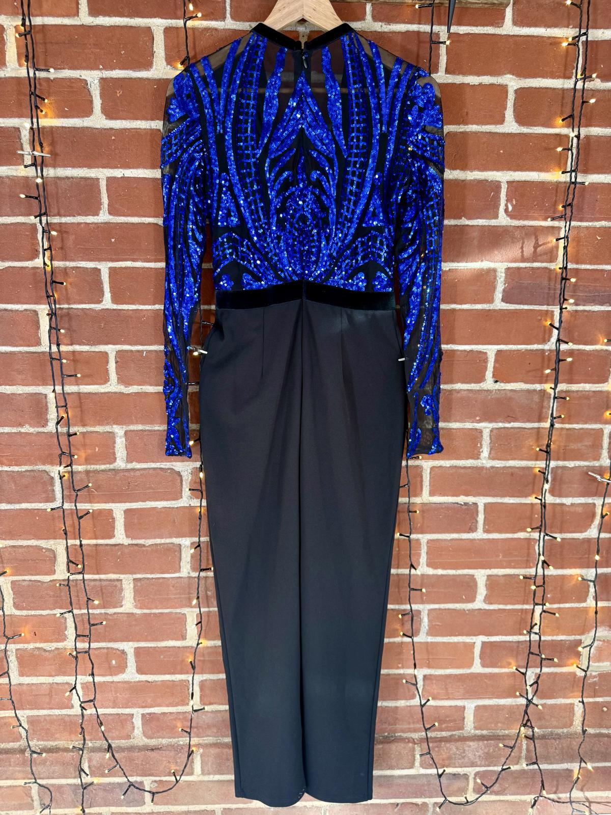 Stephanie Pratt x Goddiva Blue Sequin Plunge Jumpsuit UK 10