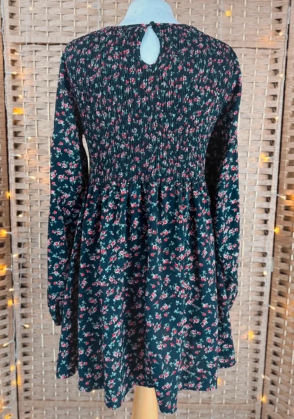 Daisy Street Floral Smock Dress UK 8 US 4 Black Mini Cottagecore