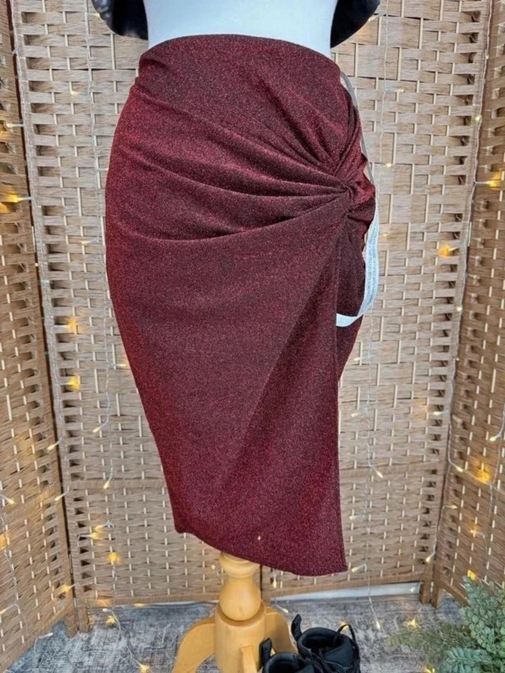 Goddiva Red Sparkle Midi Skirt UK 10 Ruched Bodycon Party Evening
