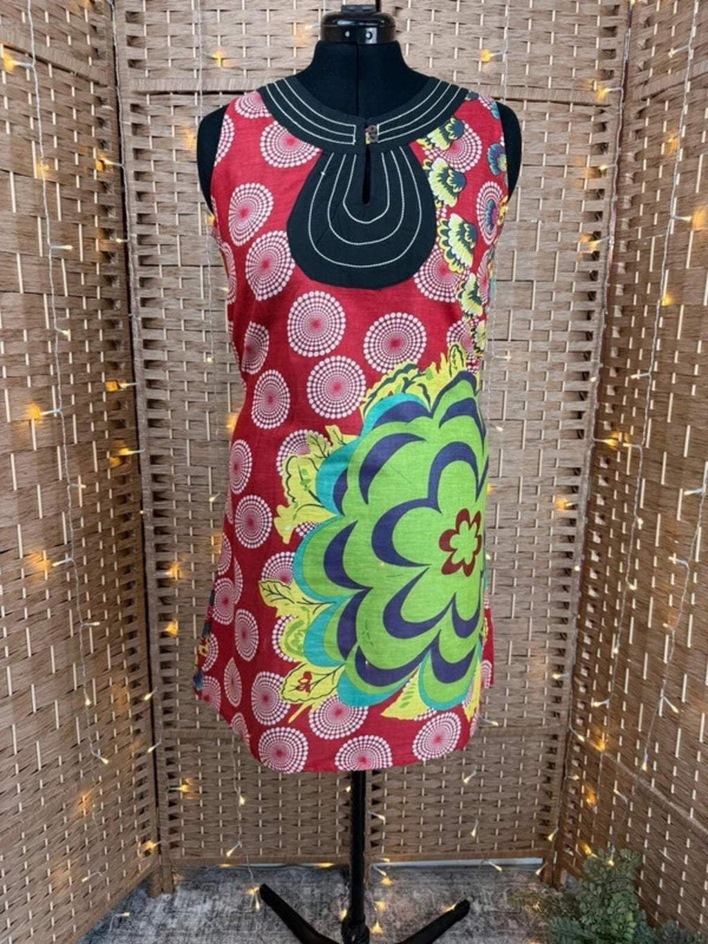 Hunny Design Cotton Dress UK 14 16 Red Boho Floral Festival Summer Tie Back