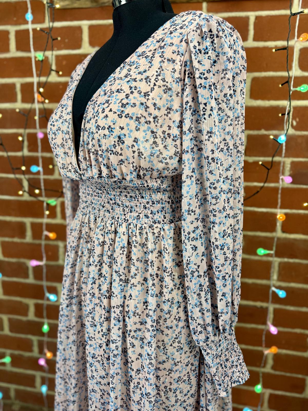 Goddiva Floral V-Neck Smocked Maxi Dress Pink UK 16 / US 12                 .278