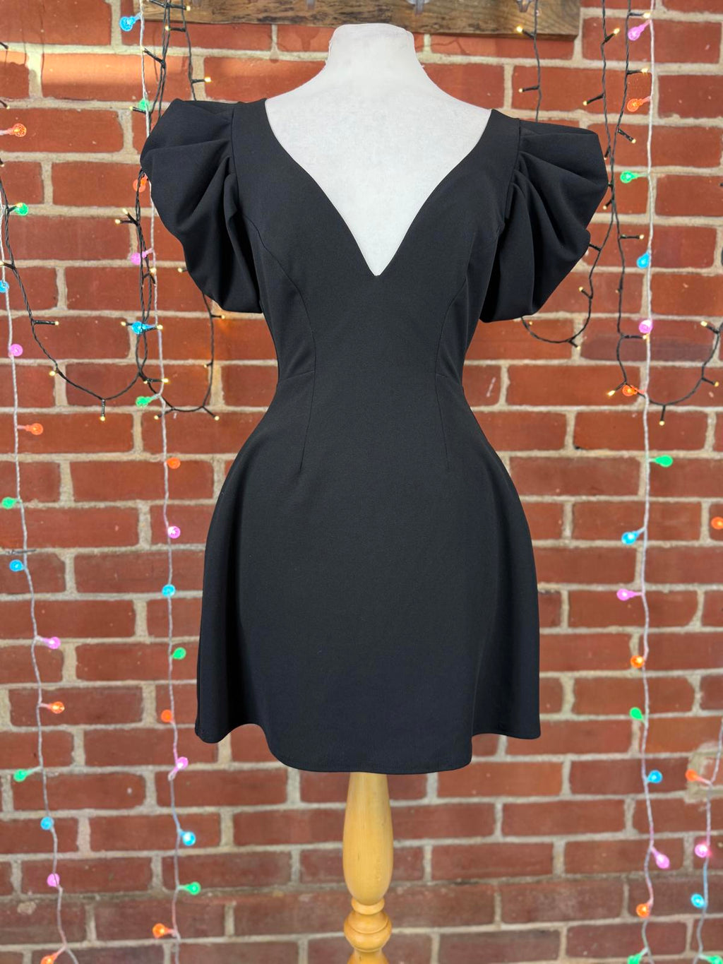 Black Puff Sleeve Mini Dress – Fits UK 8–10 / US 4–6 V-Neck Party Style     .299