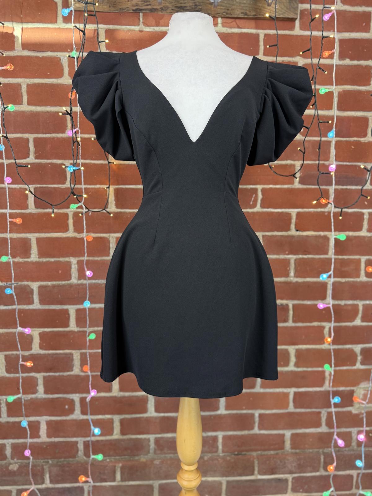 Black Puff Sleeve Mini Dress – Fits UK 8–10 / US 4–6 V-Neck Party Style     .299
