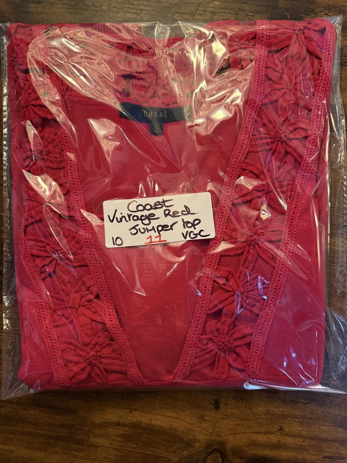 Coast Red Floral Trim Deep V Knit Top – Size 10 (Viscose Blend) NUM11