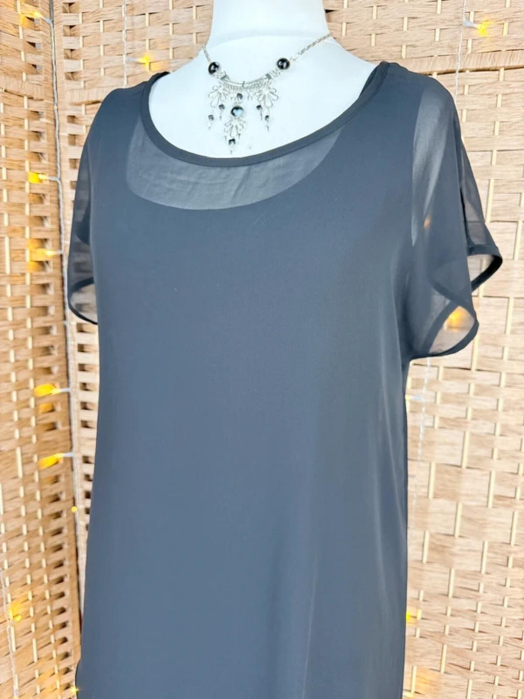 Black Sequin Hem Chiffon Overlay Dress UK 14 US 10 Party Occasion