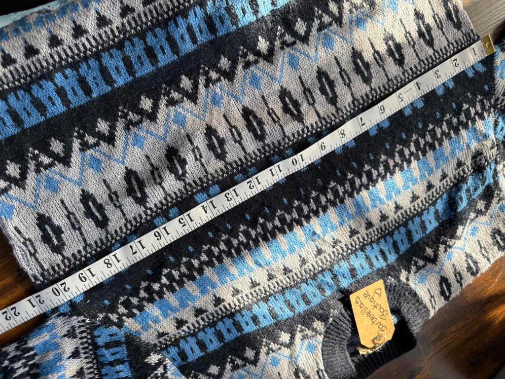 Men’s Fair Isle Knit Jumper Blue Grey Crew Neck M (38–40” Chest) NUM4