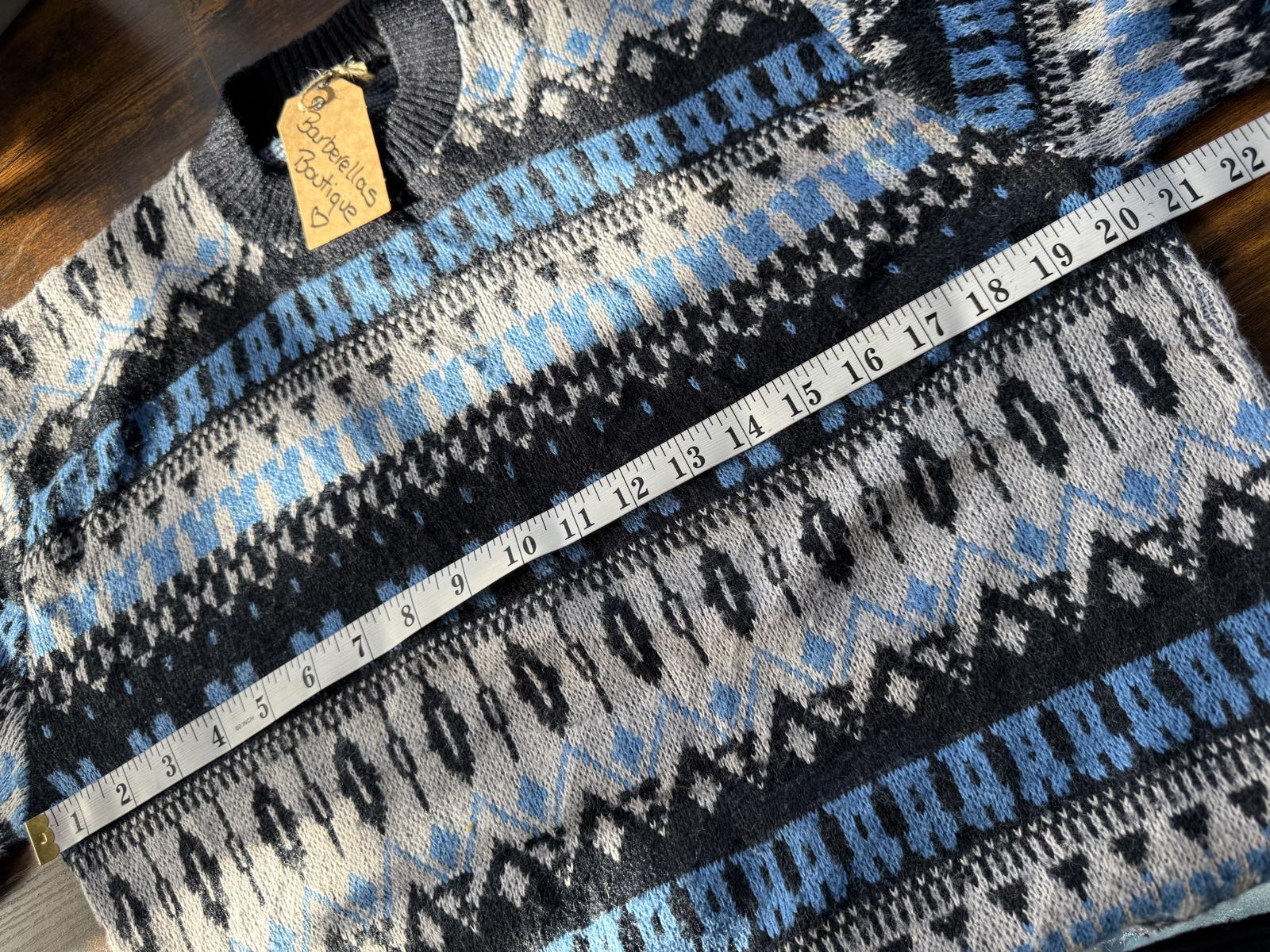 Men’s Fair Isle Knit Jumper Blue Grey Crew Neck M (38–40” Chest) NUM4