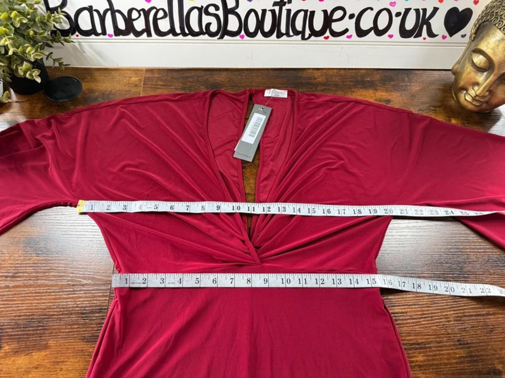 City Goddess Wine Bodycon Dress UK 16 V Neck Ruffle Party Mini