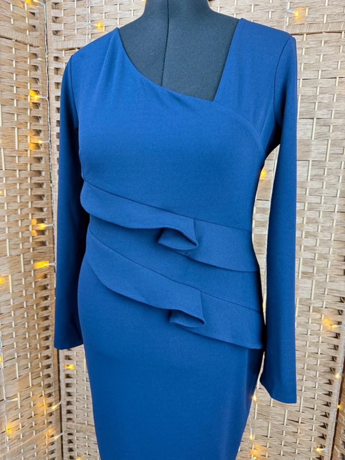 Goddiva Navy One Shoulder Ruffle Pencil Dress UK 16 US 12 BNWT