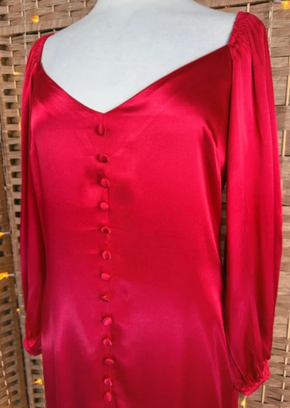 Goddiva Red Satin Midi Dress UK 8 Button Front Long Sleeve Occasion
