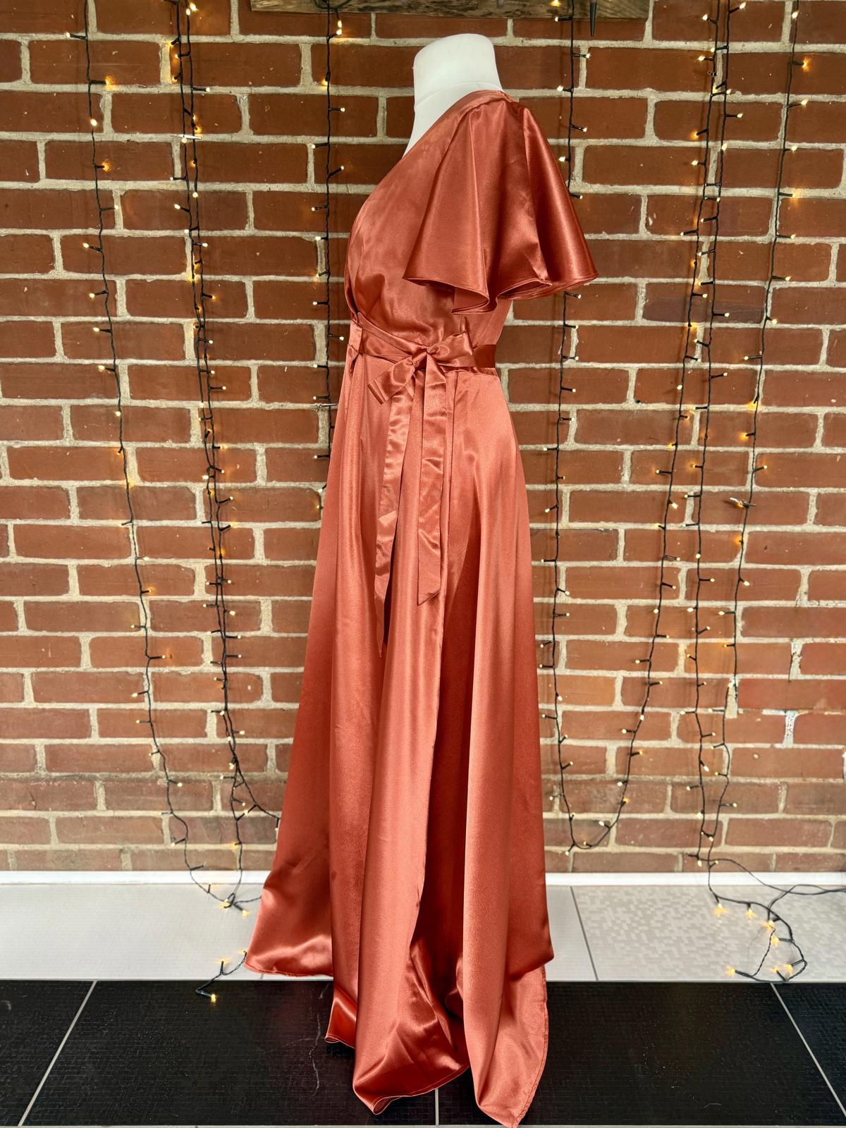Goddiva DR3955 Burnt Orange Satin Wrap Maxi Dress UK 8 BNWT Occasion #134