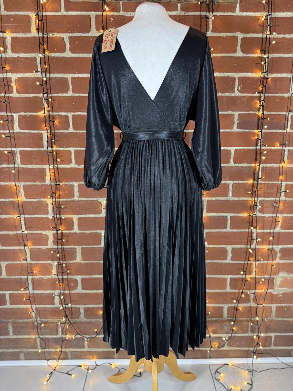 Shiny Black Pleated Midi Dress – Size S–8 (BNWT)