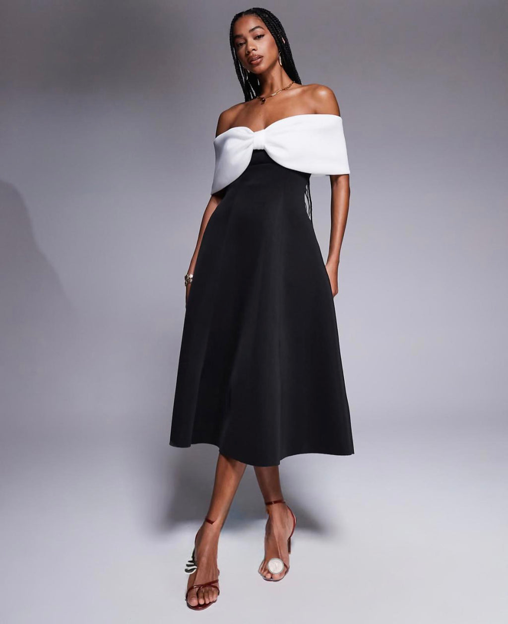 Goddiva London Black & Cream Bow Bust Midi Dress – UK 12 ⚠️ Read Condition Note