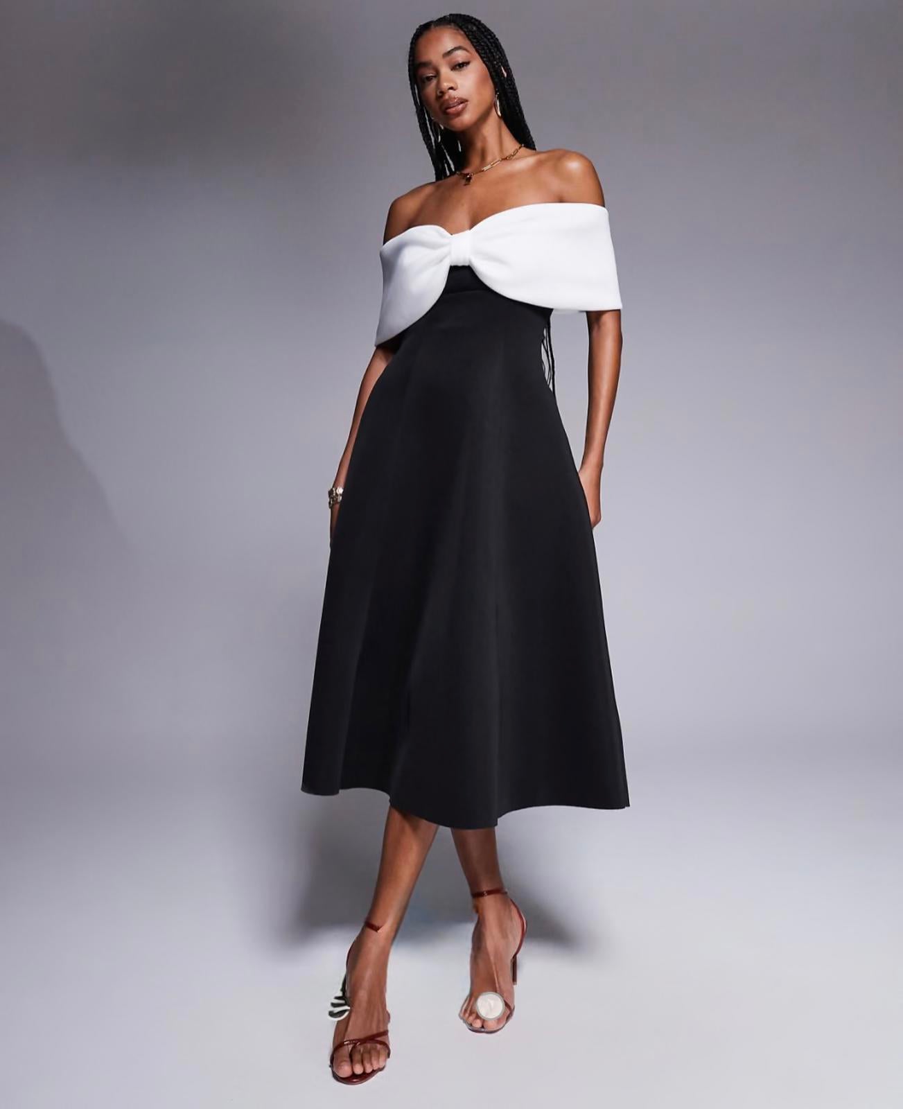 Goddiva London Black & Cream Bow Bust Midi Dress – UK 12 ⚠️ Read Condition Note