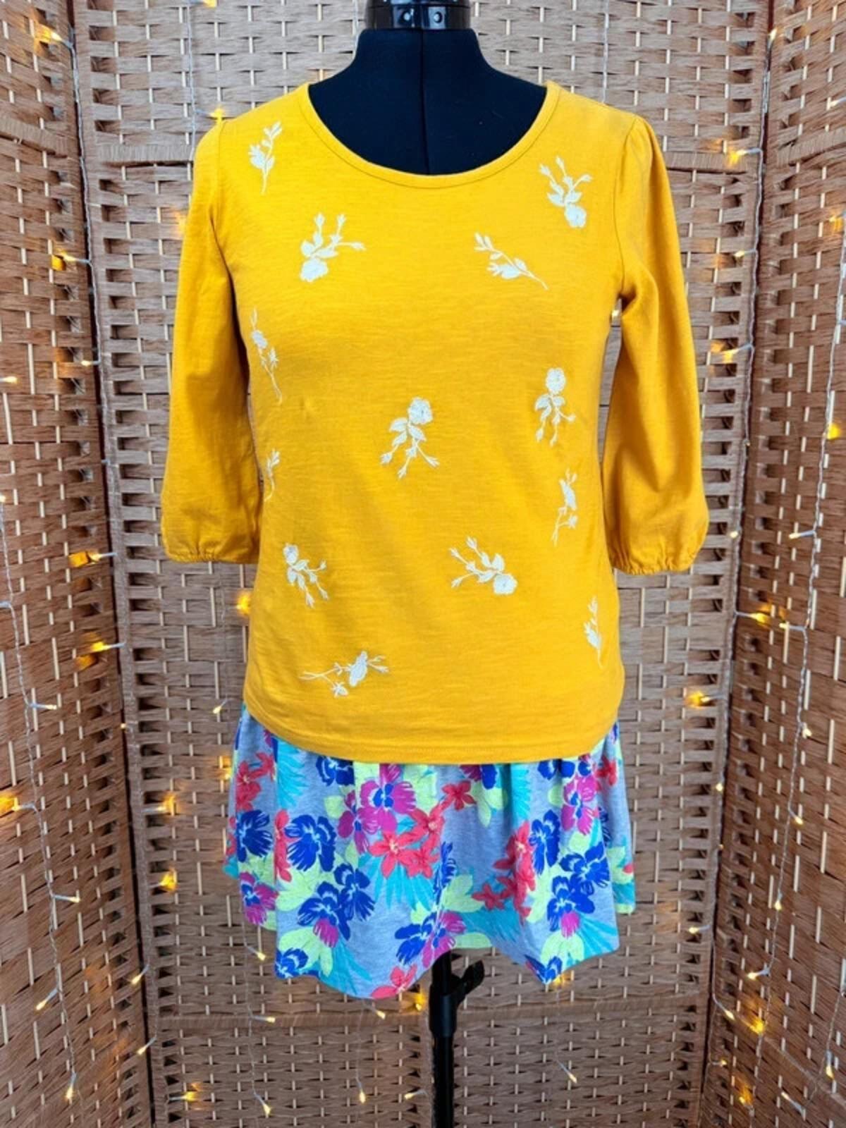 Bonmarché Mustard Floral Top UK 12 Cotton Boho Summer Blouse