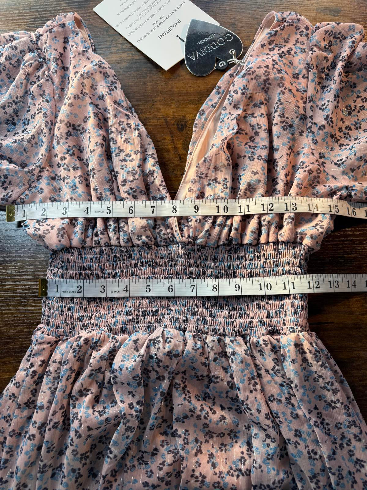 Goddiva Floral V-Neck Smocked Maxi Dress Pink UK 16 / US 12                 .278