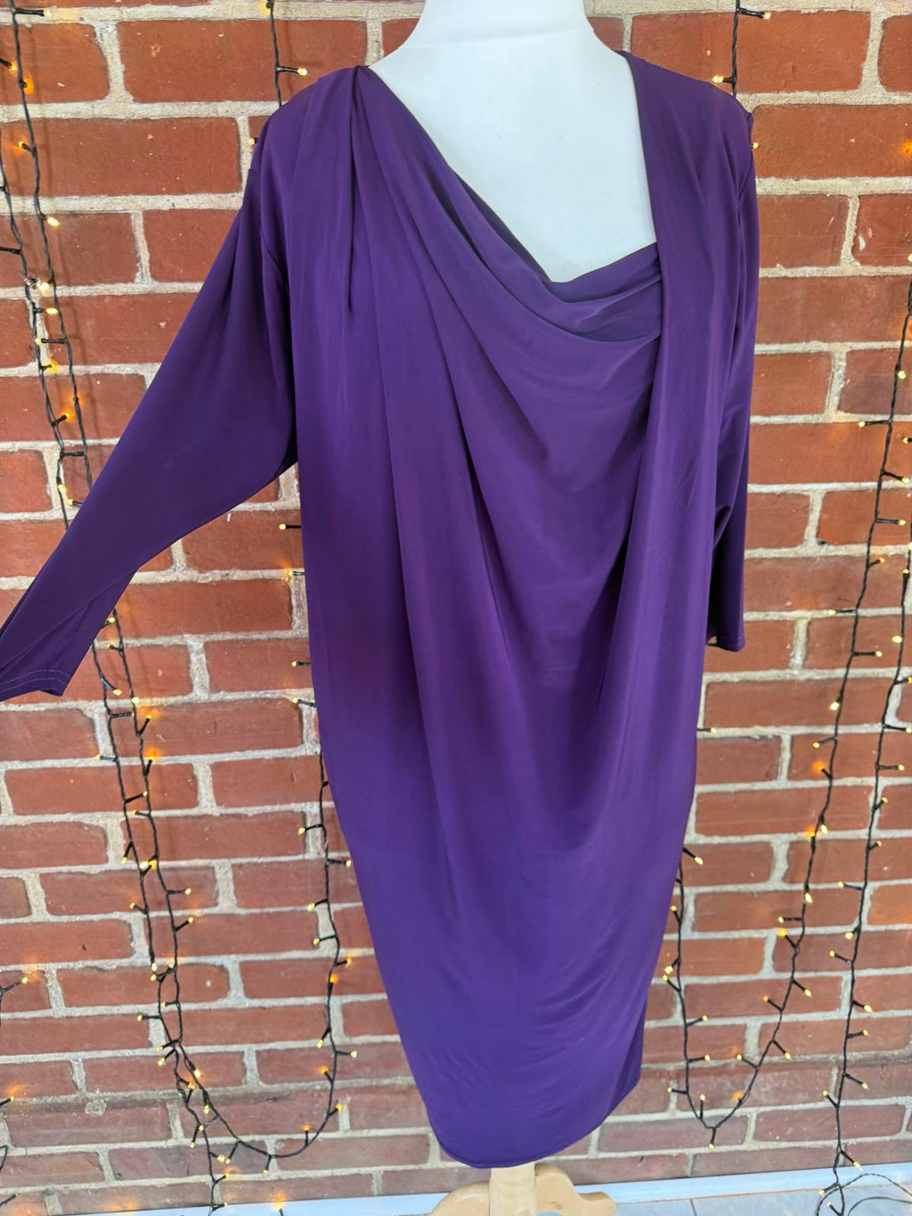 Barberellas Boutique Purple Draped Stretch Dress Cowl Neck 3/4 Sleeves, UK 12-14