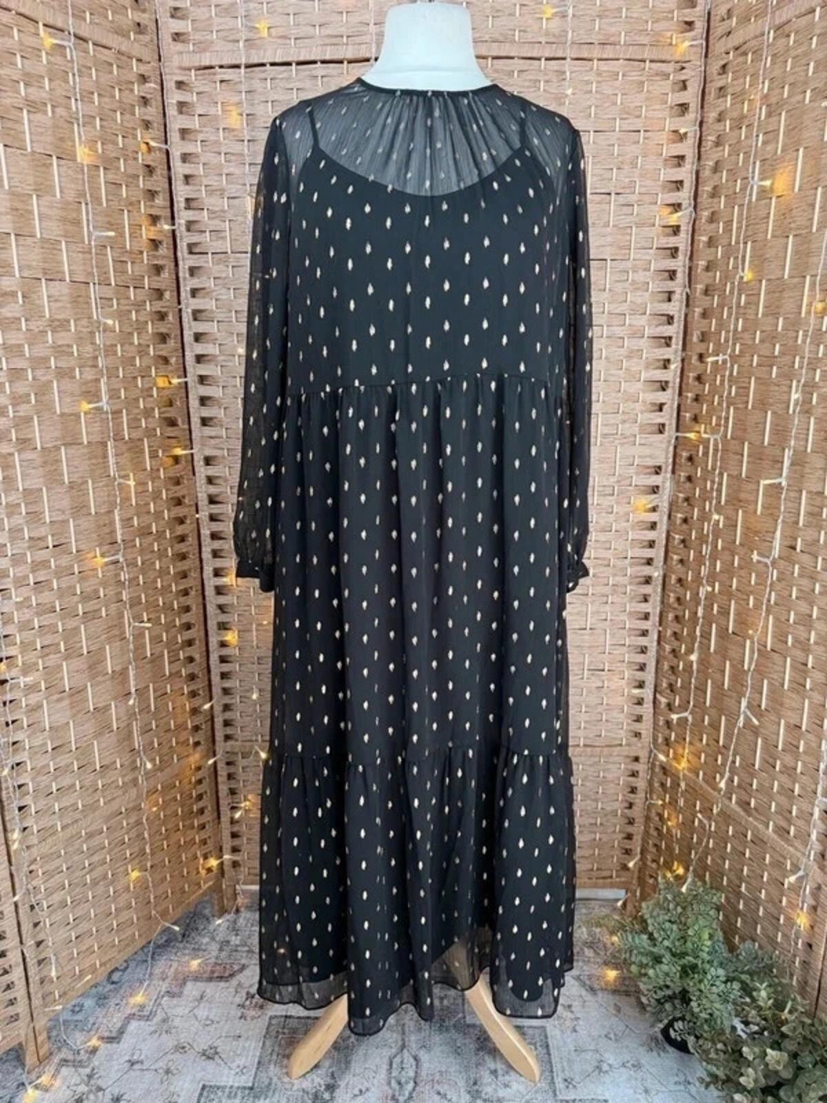 M&S Collection Black Gold Spot 2 Piece Midi Maxi Dress UK 18