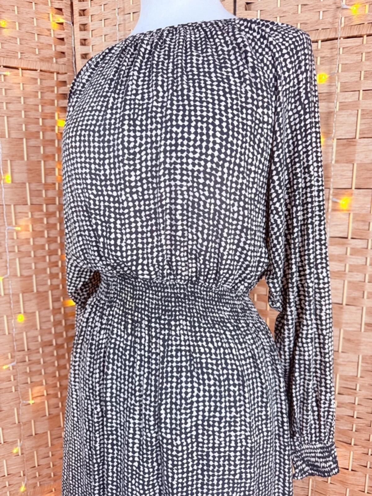 H&M Black White Midi Dress UK 8 - 10 S Boho Smock Long Sleeve