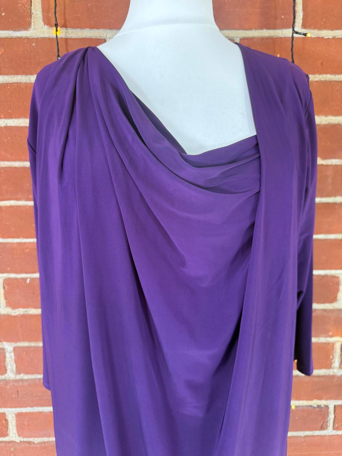 Barberellas Boutique Purple Draped Stretch Dress Cowl Neck 3/4 Sleeves, UK 12-14